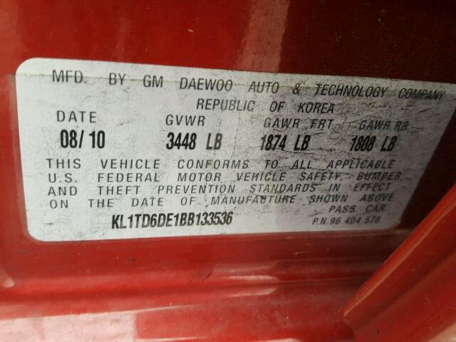 KL1TD6DE1BB133536 - 2011 CHEVROLET AVEO LS RED photo 10