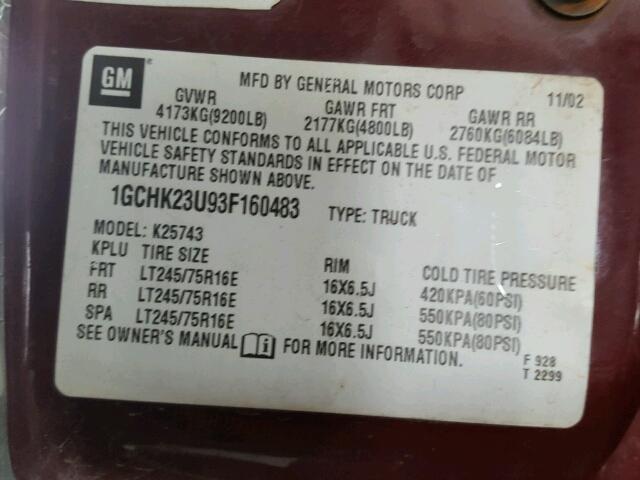 1GCHK23U93F160483 - 2003 CHEVROLET SILVERADO MAROON photo 10