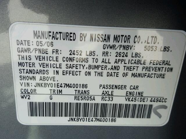 JNKBY01E47M400186 - 2007 INFINITI M45 BASE GRAY photo 10