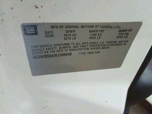 2G2WR554761308549 - 2006 PONTIAC GRAND PRIX Ақ фото 10