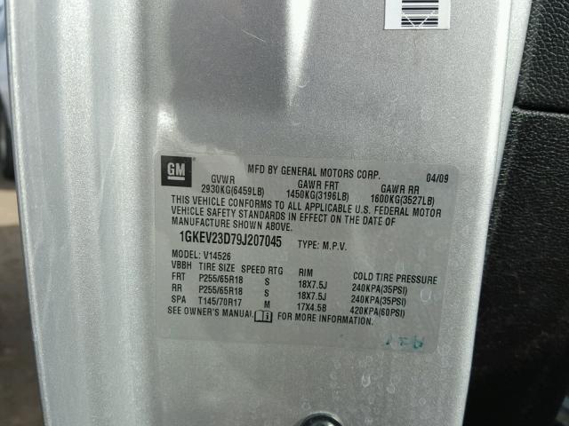 1GKEV23D79J207045 - 2009 GMC ACADIA SLT ვერცხლისფერი ფოტო 10