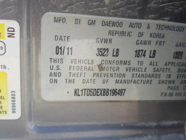 KL1TD5DEXBB196497 - 2011 CHEVROLET AVEO LS GRAY photo 10