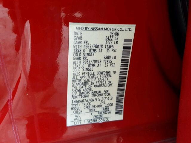 1N6BA07A76N553743 - 2006 NISSAN TITAN XE RED photo 10