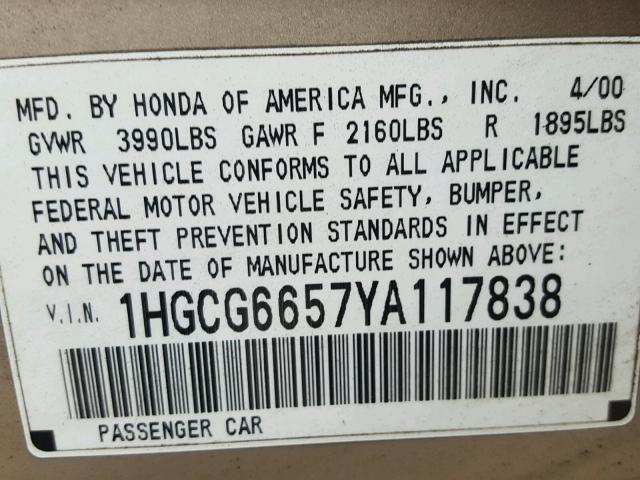 1HGCG6657YA117838 - 2000 HONDA ACCORD LX GOLD photo 10