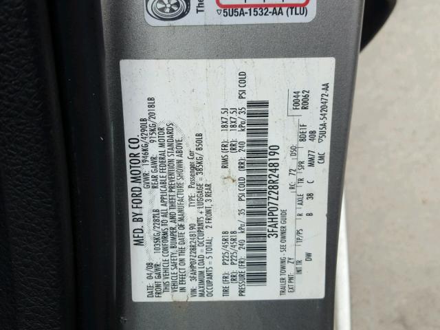 3FAHP07Z28R248190 - 2008 FORD FUSION SE SILVER photo 10