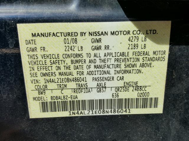 1N4AL21E08N486041 - 2008 NISSAN ALTIMA 2.5 BLUE photo 10