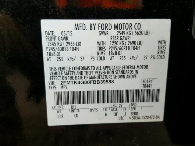 2FMTK4G80FBB39588 - 2015 FORD EDGE SE BLACK photo 10