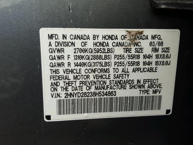 2HNYD28238H534863 - 2008 ACURA MDX CHARCOAL photo 10