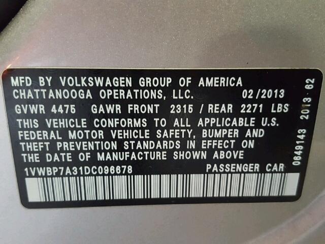 1VWBP7A31DC096678 - 2013 VOLKSWAGEN PASSAT SE SILVER photo 10