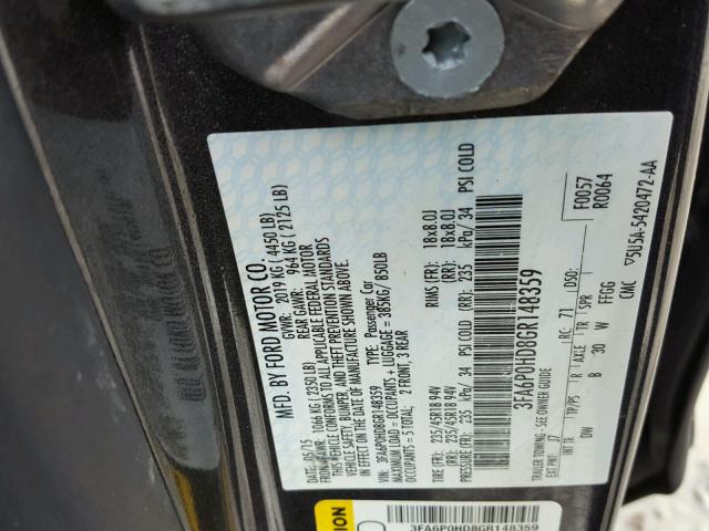 3FA6P0HD8GR148359 - 2016 FORD FUSION SE GRAY photo 10