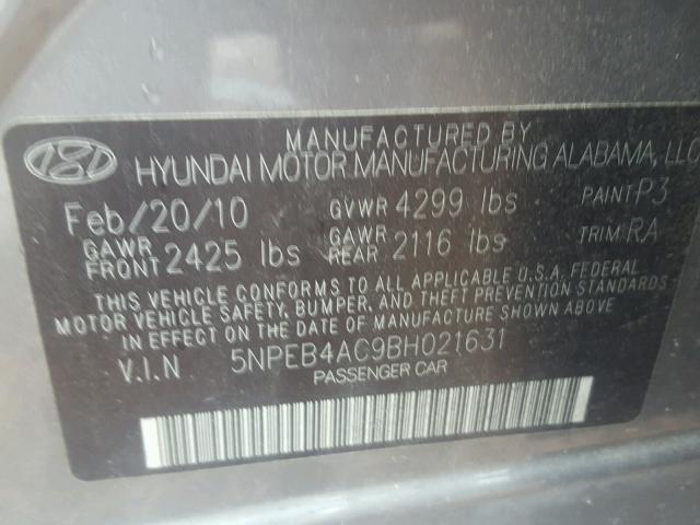 5NPEB4AC9BH021631 - 2011 HYUNDAI SONATA GLS GRAY photo 10