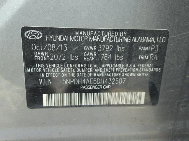 5NPDH4AE5DH432507 - 2013 HYUNDAI ELANTRA GL GRAY photo 10