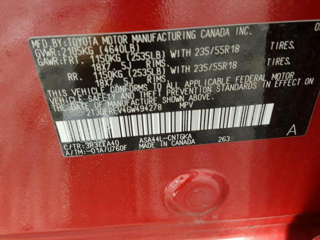 2T3DFREV4GW494278 - 2016 TOYOTA RAV4 LIMIT RED photo 10