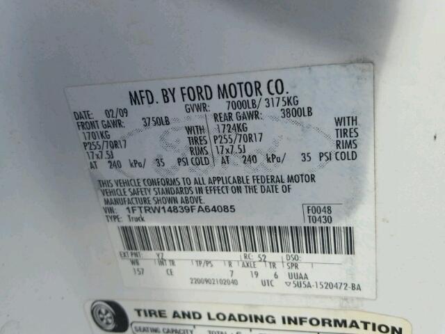 1FTRW14839FA64085 - 2009 FORD F150 SUPER WHITE photo 10