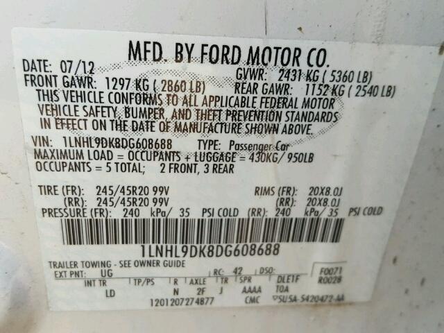 1LNHL9DK8DG608688 - 2013 LINCOLN MKS WHITE photo 10