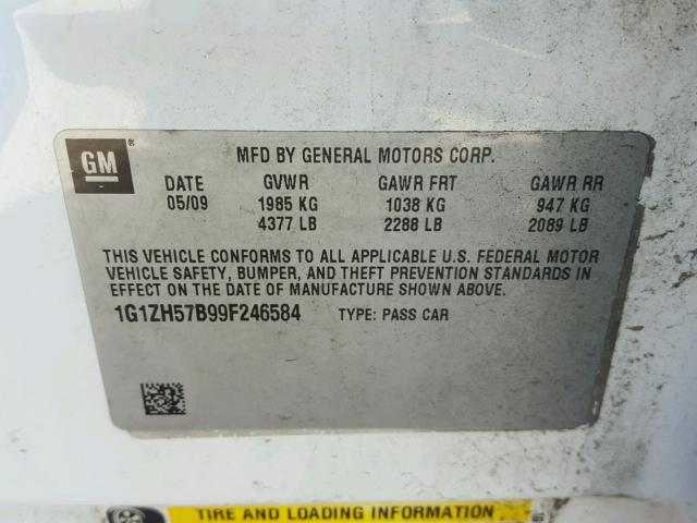 1G1ZH57B99F246584 - 2009 CHEVROLET MALIBU 1LT 白色 照片 10