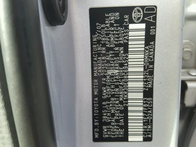 2T1KR30E08C694525 - 2008 TOYOTA COROLLA MA SILVER photo 10