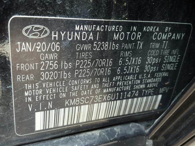 KM8SC73EX6U111474 - 2006 HYUNDAI SANTA FE G BLACK photo 10