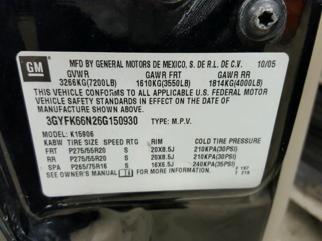 3GYFK66N26G150930 - 2006 CADILLAC ESCALADE E BLACK photo 10