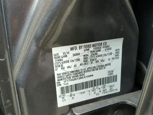 1FT7W2BT2BEA12494 - 2011 FORD F250 SUPER GRAY photo 10