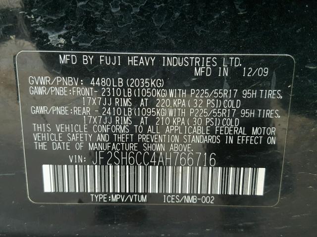 JF2SH6CC4AH766716 - 2010 SUBARU FORESTER 2 BLACK photo 10