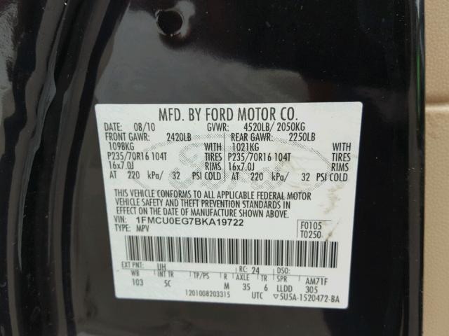 1FMCU0EG7BKA19722 - 2011 FORD ESCAPE LIM BLACK photo 10