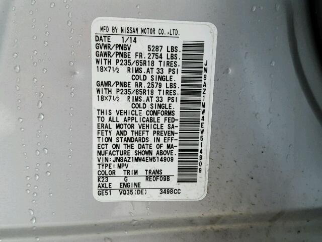 JN8AZ1MW4EW514909 - 2014 NISSAN MURANO S SILVER photo 10