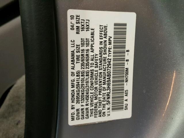 5FNRL3H69AB072942 - 2010 HONDA ODYSSEY GRAY photo 10