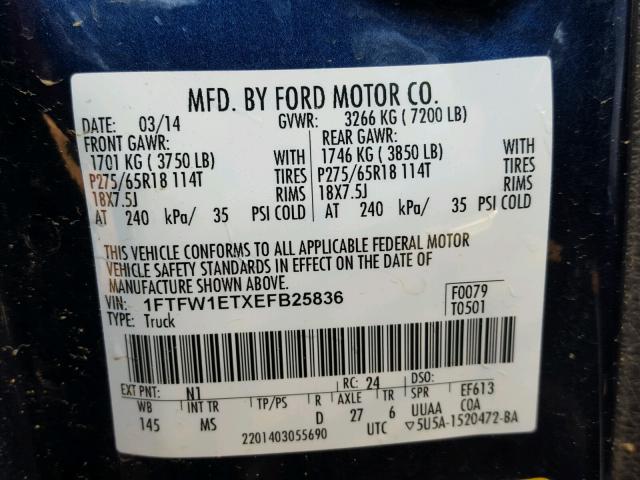 1FTFW1ETXEFB25836 - 2014 FORD F150 SUPER BLUE photo 10