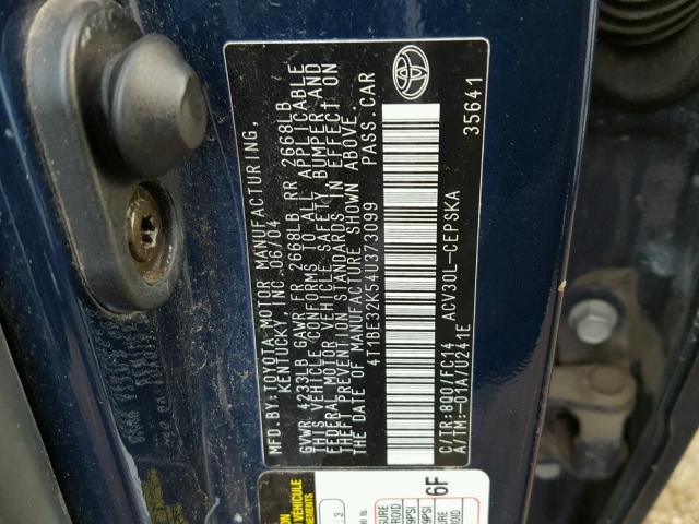 4T1BE32K54U373099 - 2004 TOYOTA CAMRY LE 蓝色 照片 10