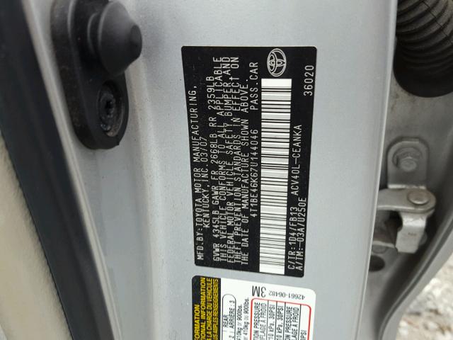 4T1BE46K67U144046 - 2007 TOYOTA CAMRY NEW SILVER photo 10