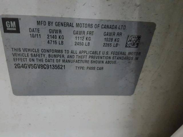 2G4GV5GV8C9135621 - 2012 BUICK REGAL GS Blanc photo 10