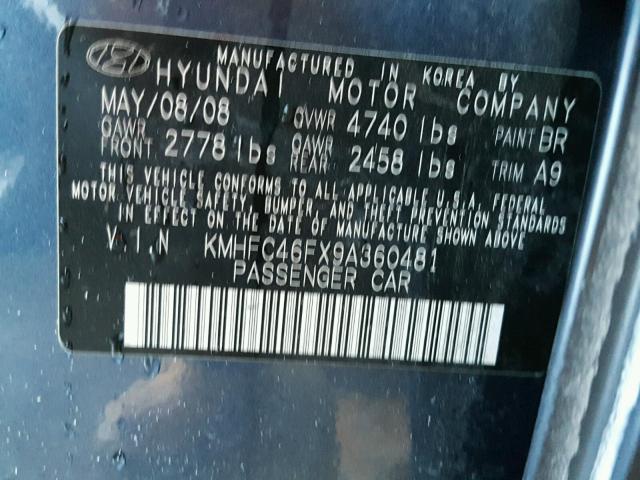 KMHFC46FX9A360481 - 2009 HYUNDAI AZERA SE BLUE photo 10