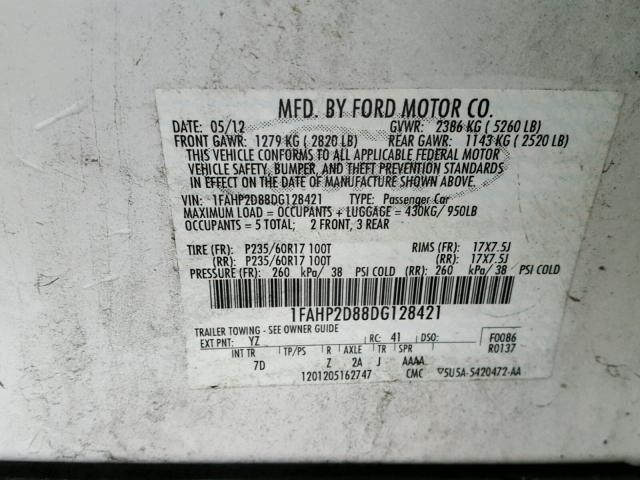 1FAHP2D88DG128421 - 2013 FORD TAURUS SE WHITE photo 10