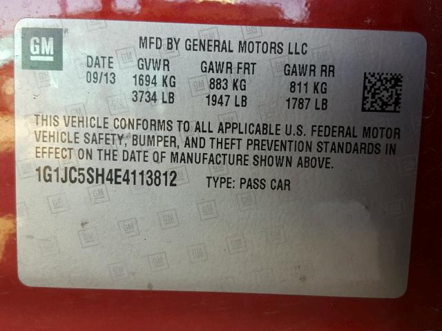 1G1JC5SH4E4113812 - 2014 CHEVROLET SONIC LT RED photo 10