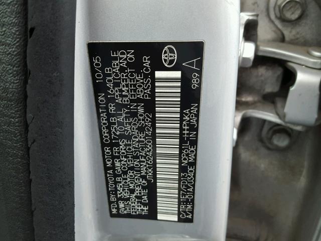 JTKKT624360142492 - 2006 TOYOTA SCION XA SILVER photo 10