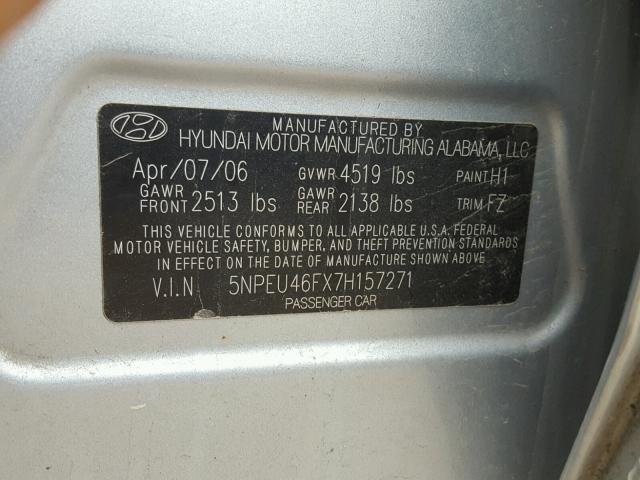 5NPEU46FX7H157271 - 2007 HYUNDAI SONATA SE BLUE photo 10