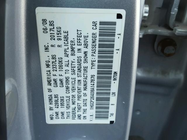 1HGCP26408A147876 - 2008 HONDA ACCORD LXP SILVER photo 10