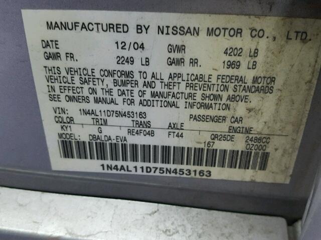 1N4AL11D75N453163 - 2005 NISSAN ALTIMA S GRAY photo 10