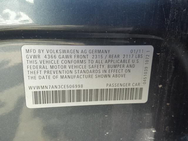 WVWMN7AN3CE506998 - 2012 VOLKSWAGEN CC SPORT CHARCOAL photo 10