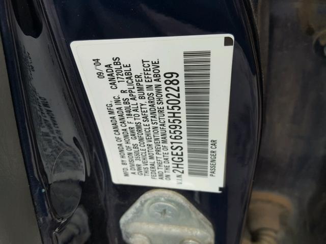 2HGES16595H502289 - 2005 HONDA CIVIC LX BLUE photo 10