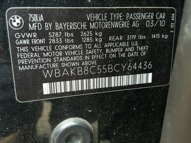 WBAKB8C55BCY64436 - 2011 BMW 750LI BLACK photo 10