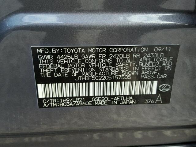 JTHBF5C22C5157505 - 2012 LEXUS IS 250 GRAY photo 10