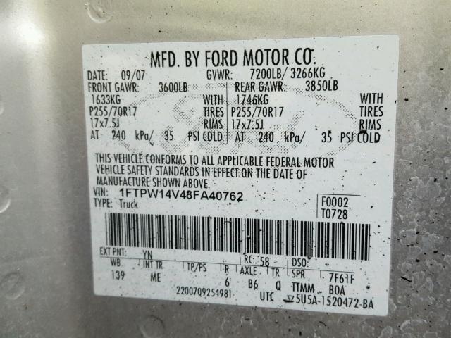 1FTPW14V48FA40762 - 2008 FORD F150 SILVER photo 10