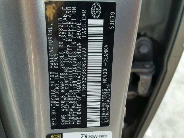 4T1BF32K86U624293 - 2006 TOYOTA CAMRY LE ნაცრისფერი ფოტო 10