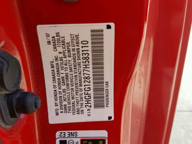 2HGFG12877H583110 - 2007 HONDA CIVIC EX RED photo 10