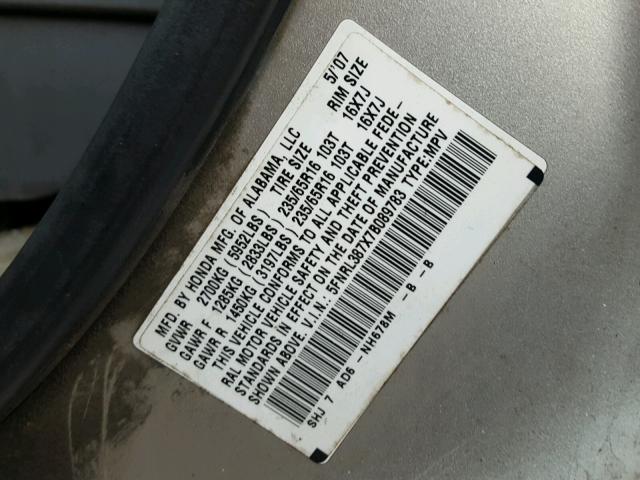 5FNRL387X7B089783 - 2007 HONDA ODYSSEY EX SILVER photo 10