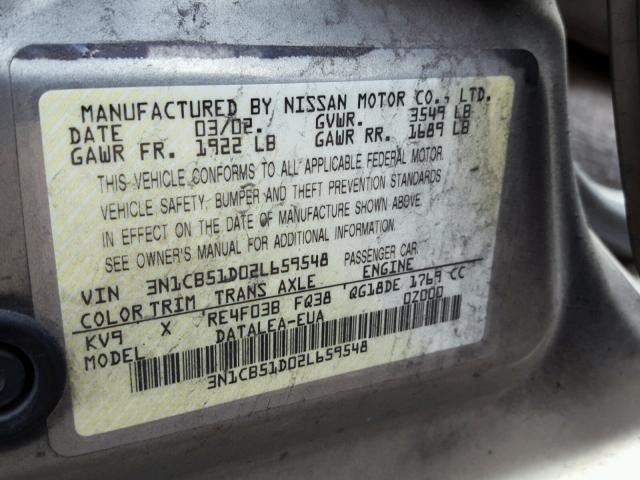 3N1CB51D02L659548 - 2002 NISSAN SENTRA GOLD photo 10