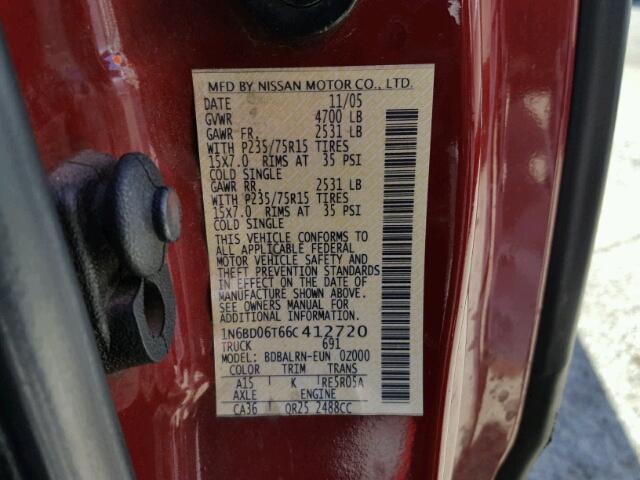 1N6BD06T66C412720 - 2006 NISSAN FRONTIER K RED photo 10