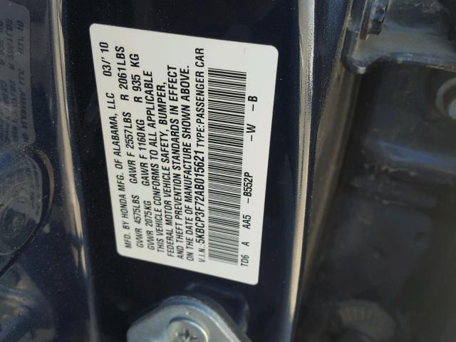 5KBCP3F72AB015621 - 2010 HONDA ACCORD BLUE photo 10